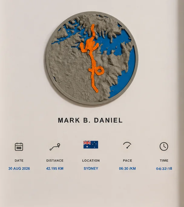 Detail of the example Sydney keepsake showing the orange route, grey terrain and personalised finish details.